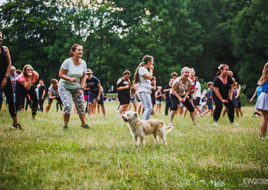 Zumba w Parku miejskim (108) tańczący ludzie w parku i pies 