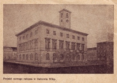 Projekt nadbudowy ratusza autorstwa Kazimierza Ulatowskiego z Poznania, pocztówka wydana w 1949 roku. MMOW 00880