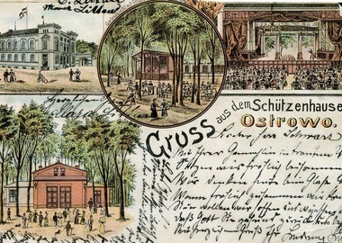 Strzelnica i przylegający do niej ogród na litograficznej pocztówce wydanej ok. 1900 roku, MMOW 02266-08