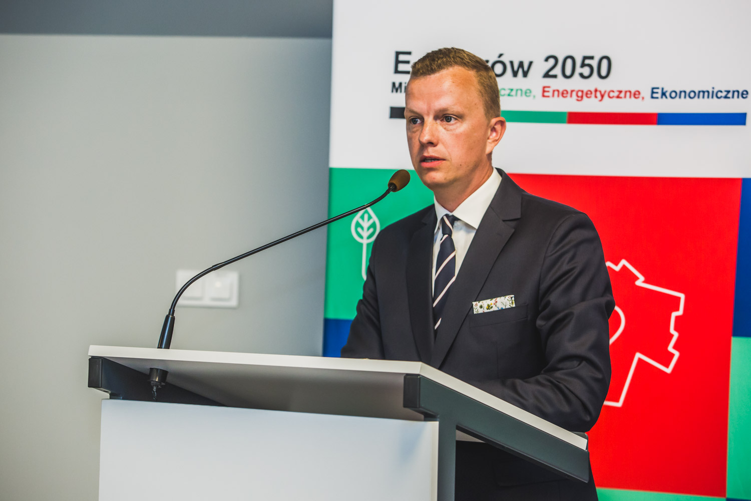 Conference opening the project "E-Ostrów 2050 – Ecological, Energy and Economic City". The photo shows Mikołaj Kostka, Deputy Mayor of Ostrów Wielkopolski.