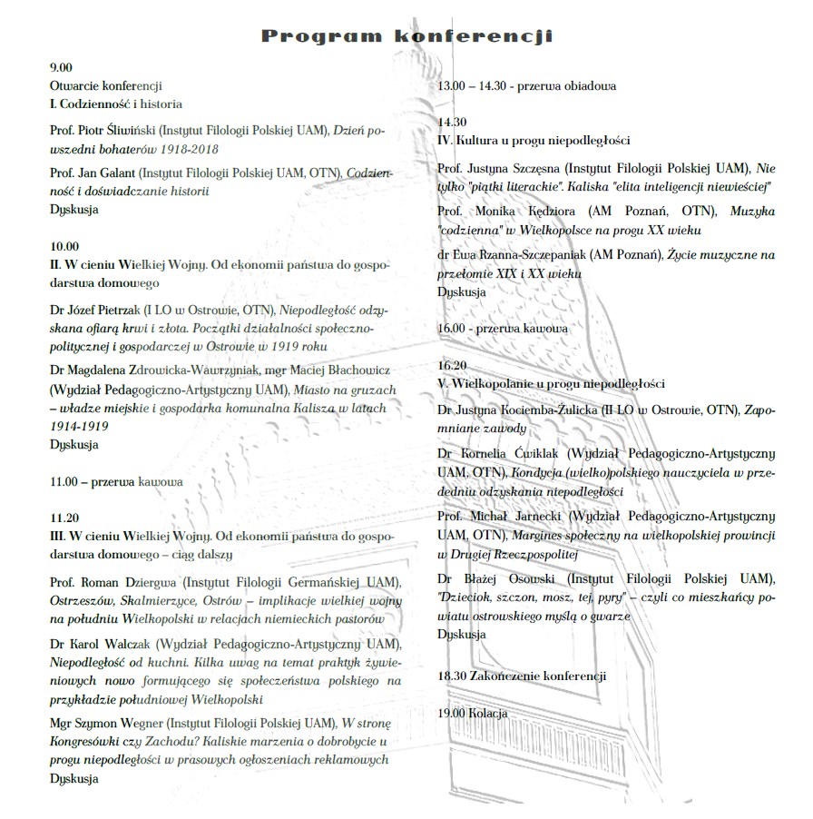 Program Konferencji naukowej "Życie codzienne na (wielkopolskiej) prowincji u progu niepodległości"