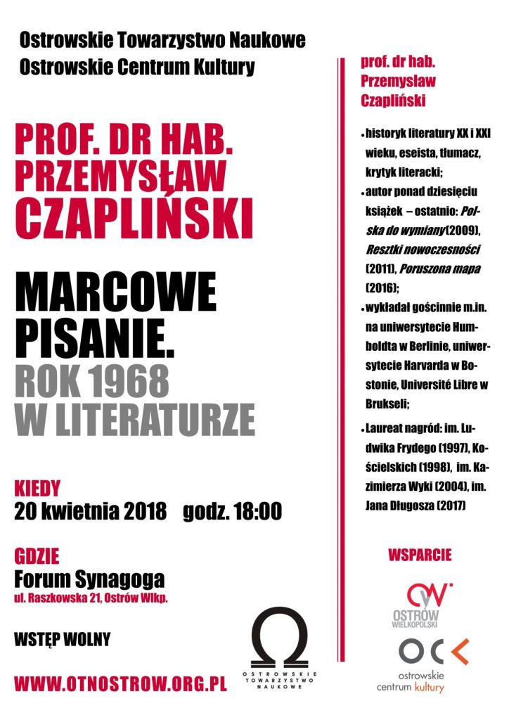 Plakat wykładu Marcowe pisanie. Rok 1968 w literaturze Plakat wykładu Marcowe pisanie. Rok 1968 w literaturze