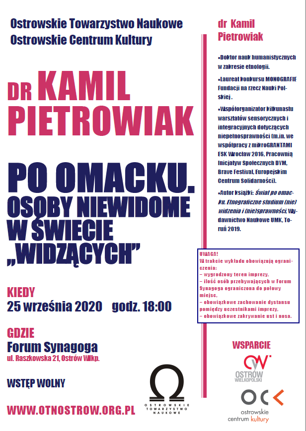 Plakat Wykład dra Kamila Pietrowiaka pt. Po omacku. Osoby niewidzące w świecie widzących. 