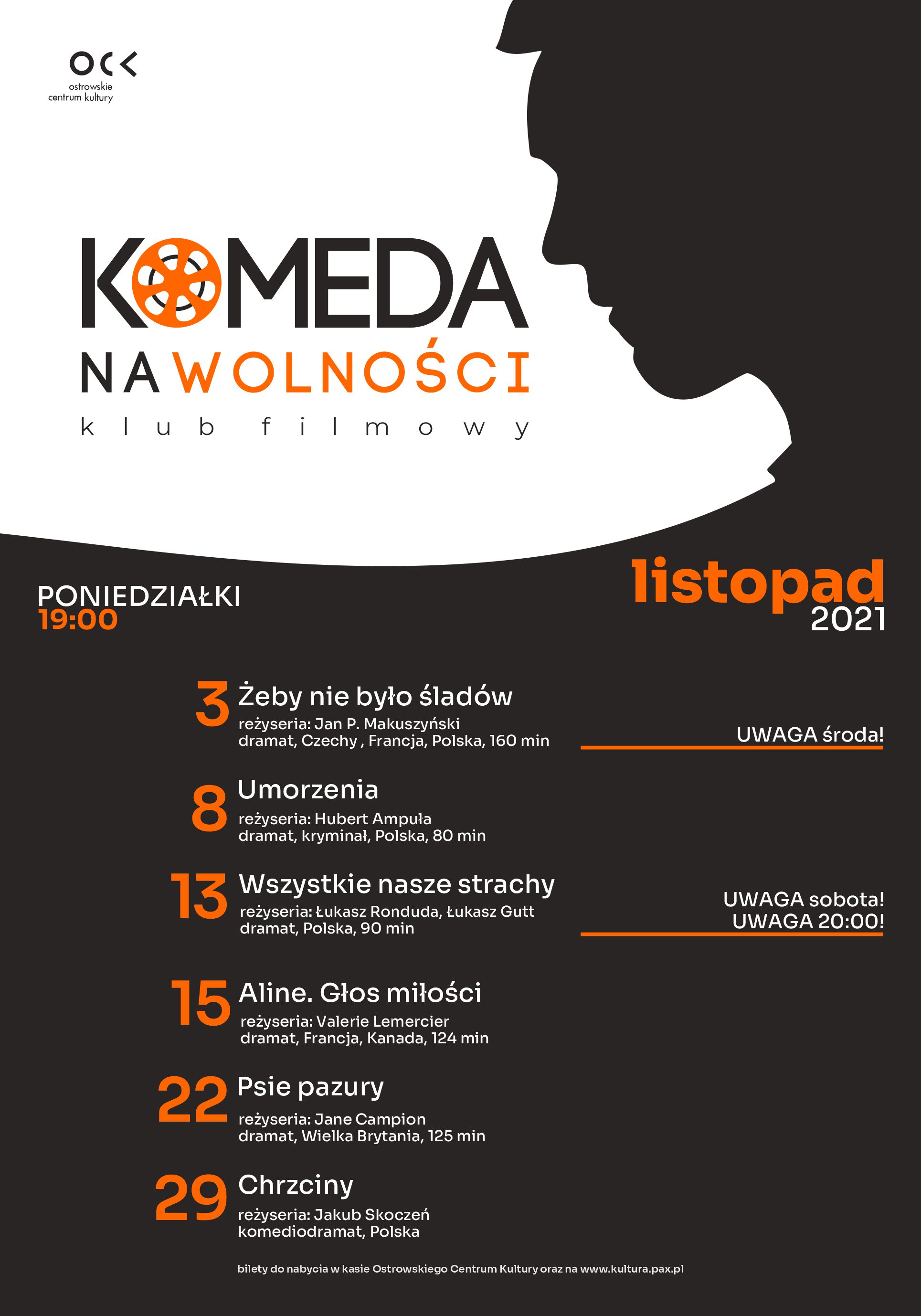 Afisz Klubu Filmowego „Komeda na Wolności" listopad 2021 r.