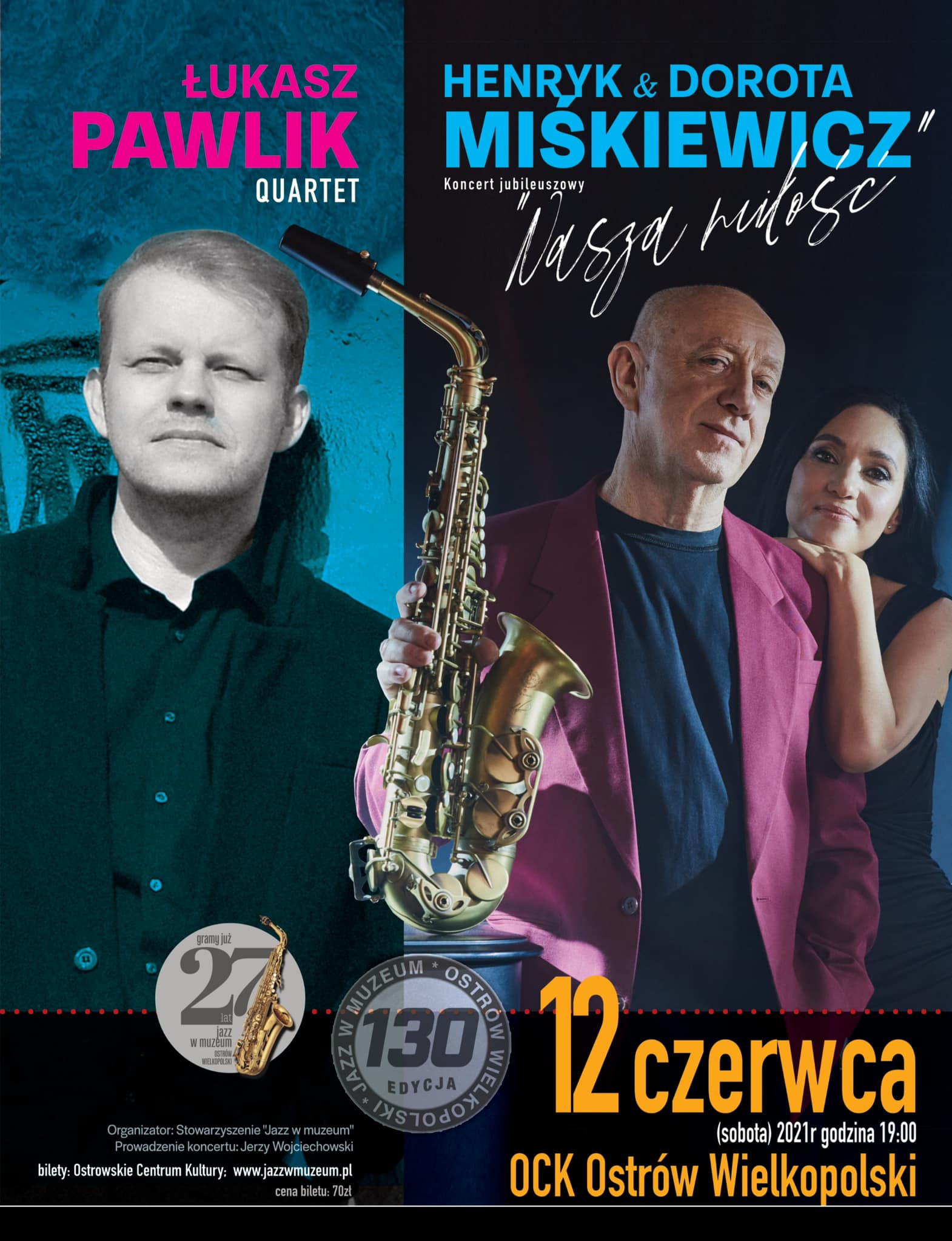 Plakat koncertu Łukasz Pawlik Quartet, Henryk Miśkiewicz i Dorota Miśkiewicz w ramach Jazz w muzeum