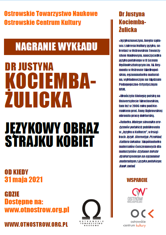 Plakat wykładu dr Justyny Kociemby-Żulickiej
