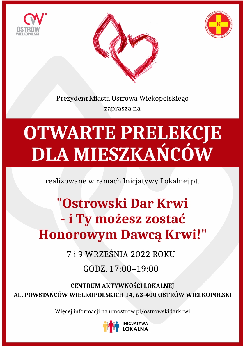 Plakat Prelekcje pt. „Ostrowski Dar Krwi – i Ty możesz zostać Honorowym Dawcą Krwi!”