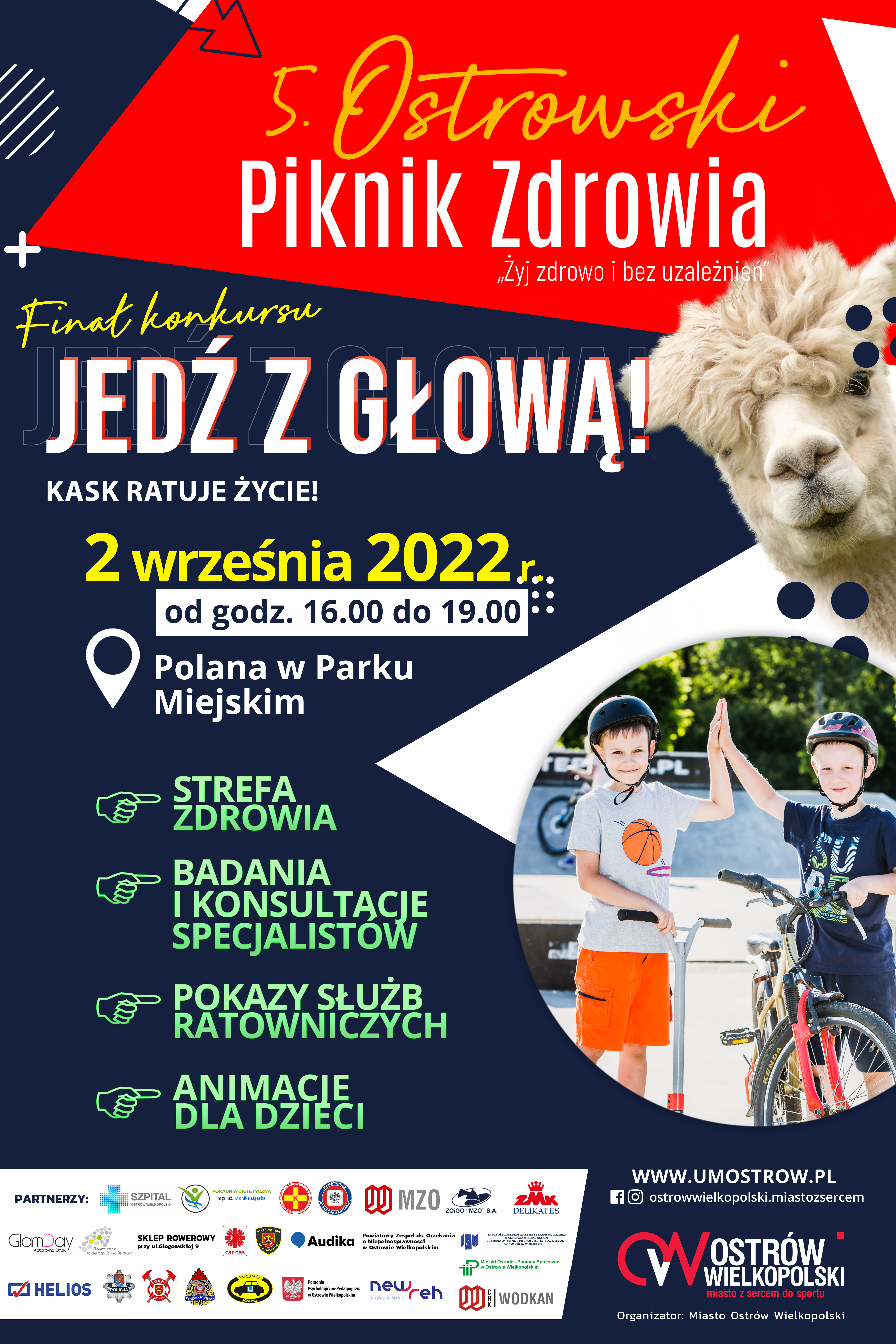 Plakat 5. Ostrowski Piknik Zdrowia oraz finał konkursu “Jedź z głową. Kask ratuje życie!”