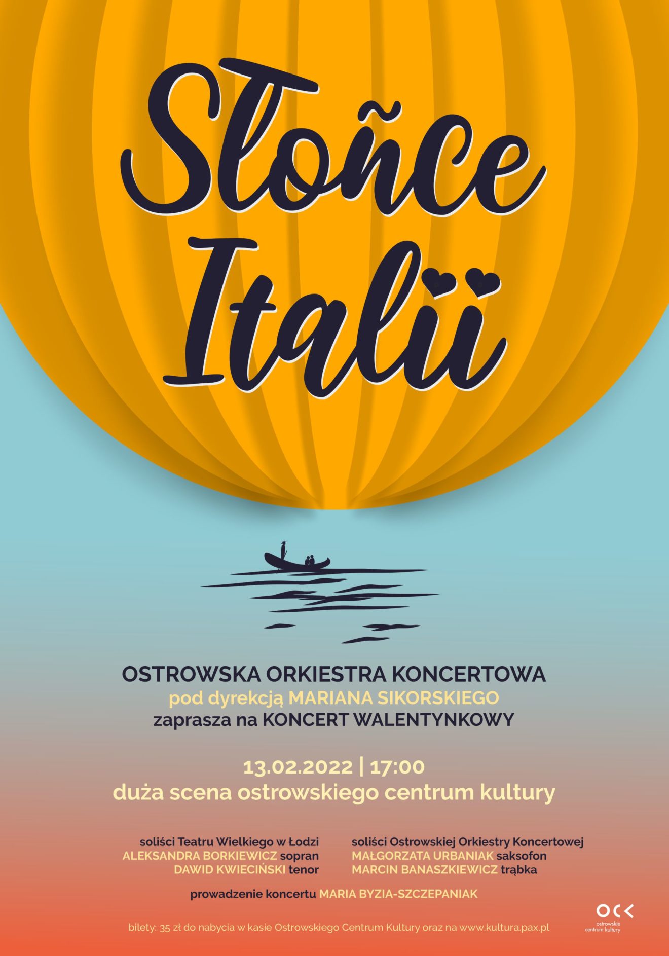 Plakat koncetu walentynkowego Ostrowskiej Orkiestry Koncertowej Słońce Italii