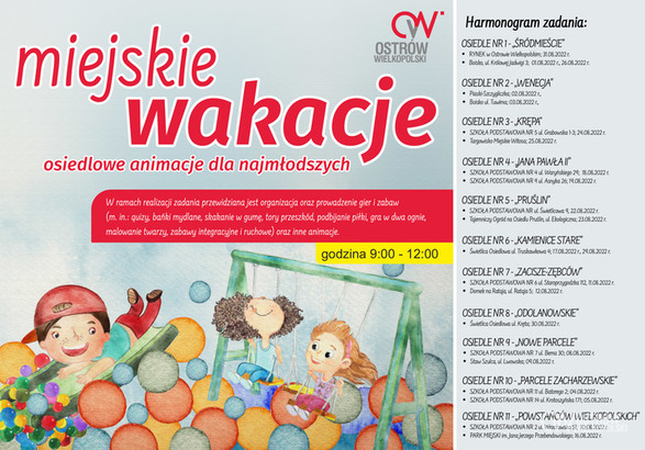 Baner MIEJSKIE WAKACJE OSIEDLOWE ANIMACJE DLA NAJMŁODSZYCH sierpień 2022 r.