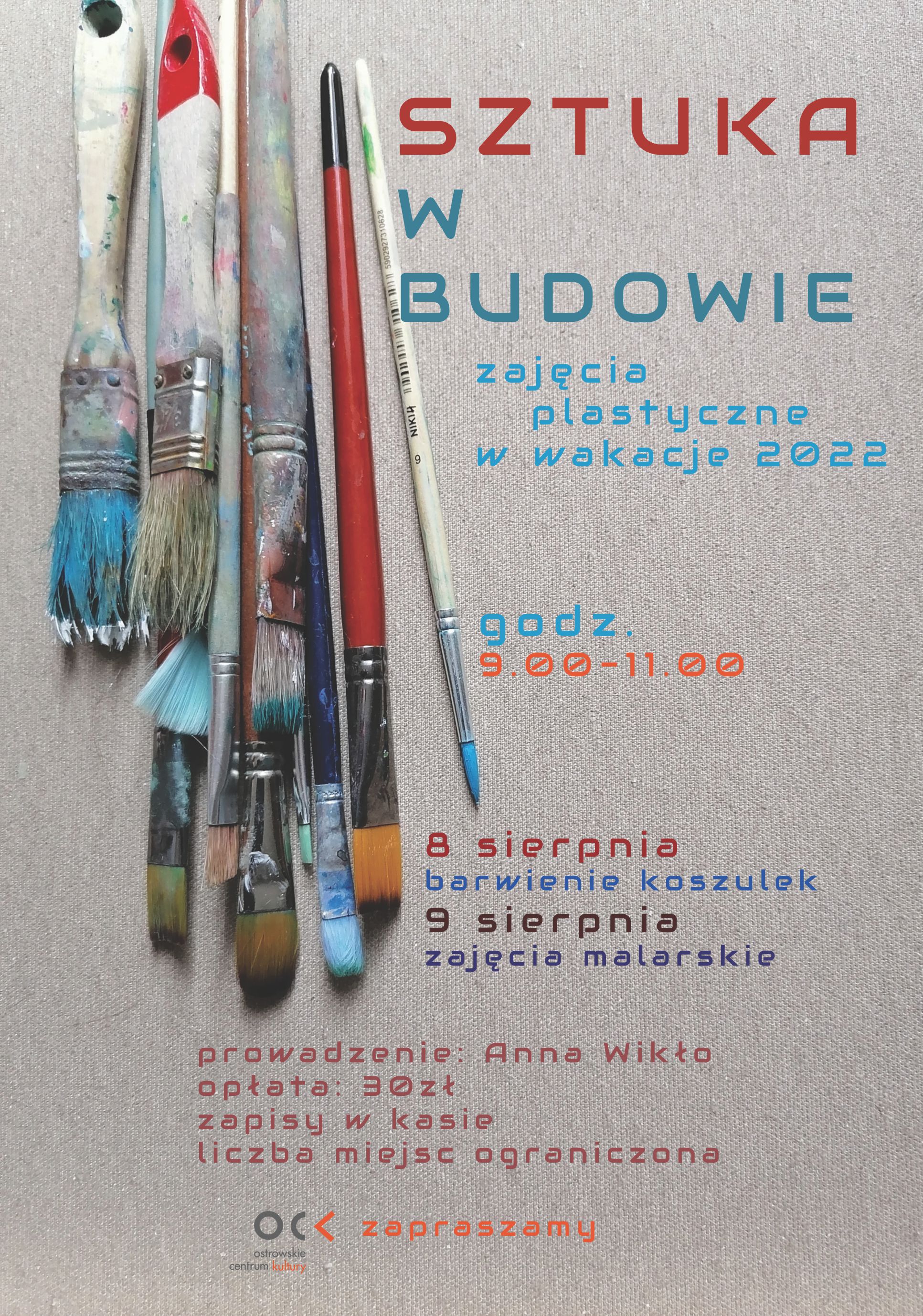Plakat warsztatów Sztuka w budowie, Barwienie tkanin, Malarstwo