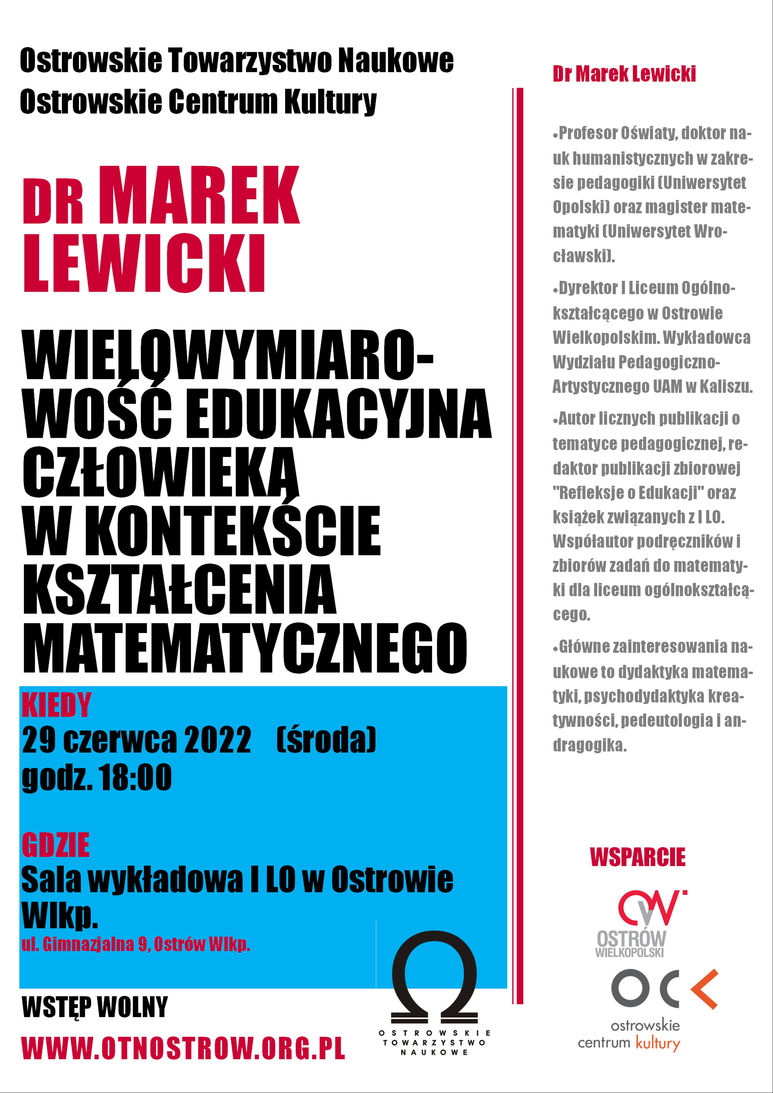 Plakat wykładu dr Marka Lewickiego