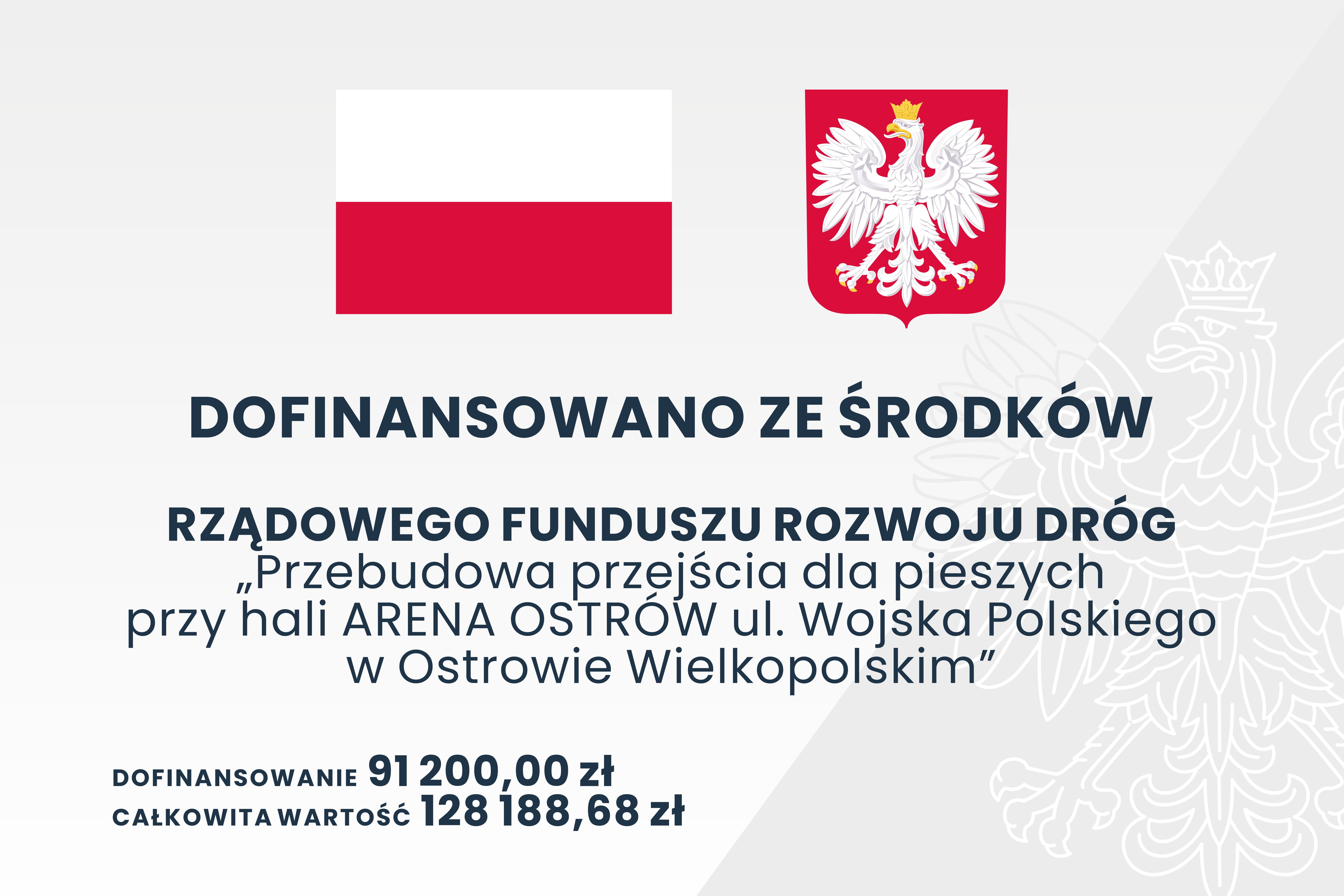 Baner dotyczący projektu rzebudowa przejścia dla pieszych przy hali ARENA OSTRÓW ul. Wojska Polskiego w Ostrowie Wielkopolskim