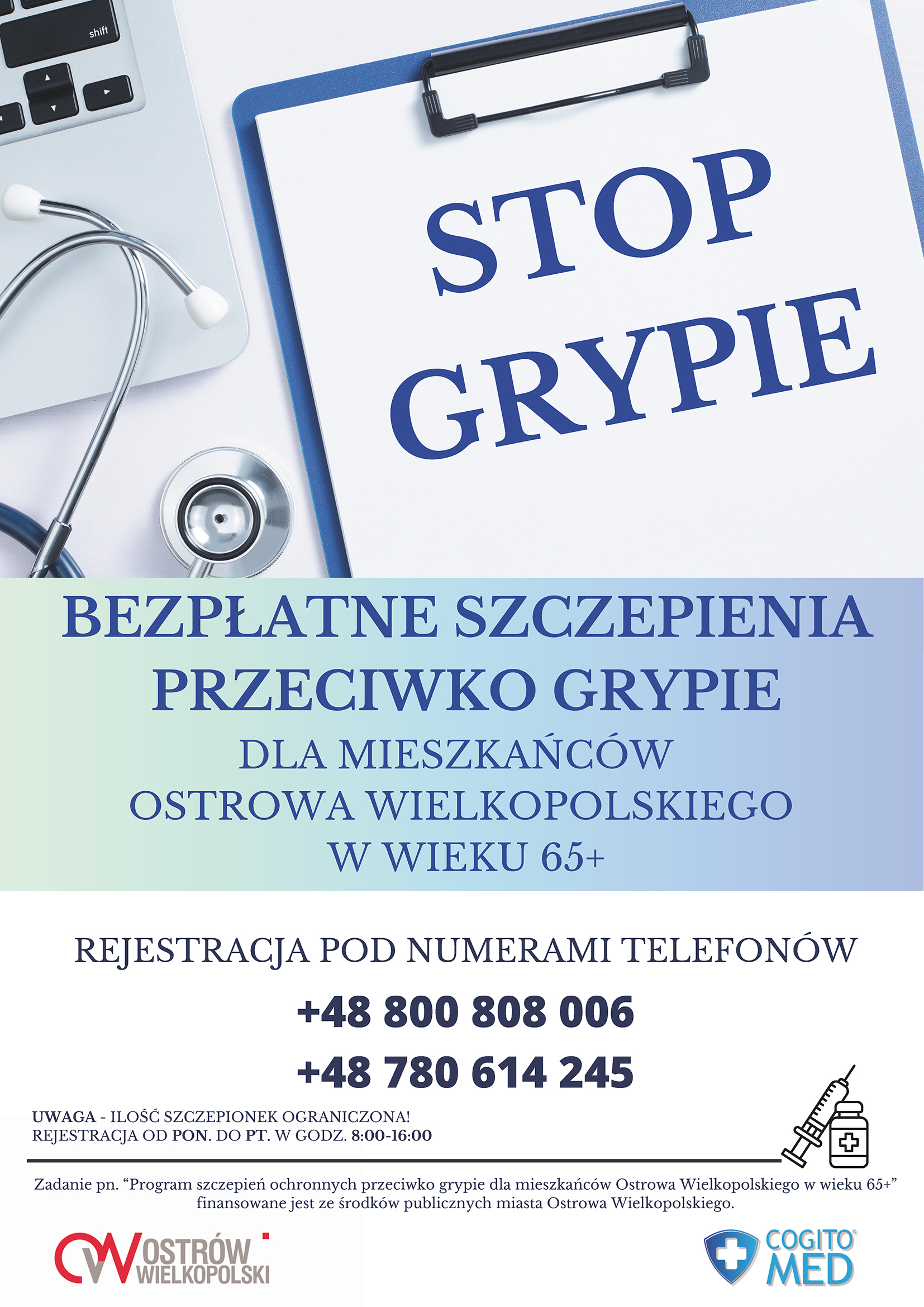 plakat informujący o bezpłatnych szczepieniach przeciwko grypie dla seniorów 65+ w Ostrowie Wielkopolskim