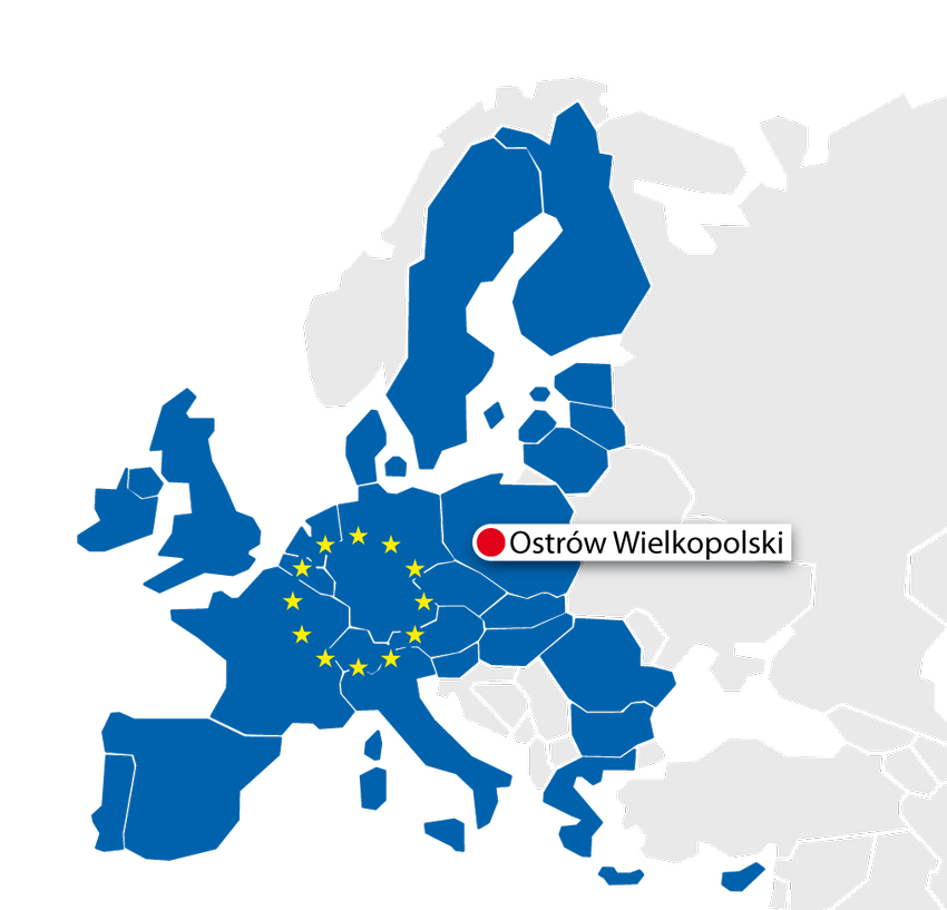 Mapa Europy z zaznaczonym Ostrowem Wielkopolskim oraz Państwami Unii Europejskiej.