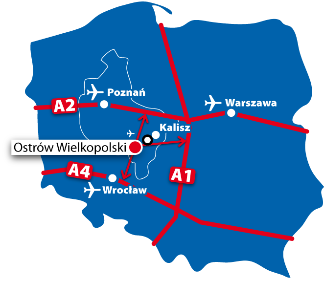 Mapa Polski z zaznaczonymi autostradami, lotniskami i przystankami kolei dużych predkości