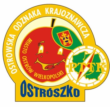 Odznaka Krajoznawcza Ostrószko. Czerwone jabłko maskotka z nazwą miatsa otoczone żółtą ramką po kole z nazwą odznaki i logo PTTK.