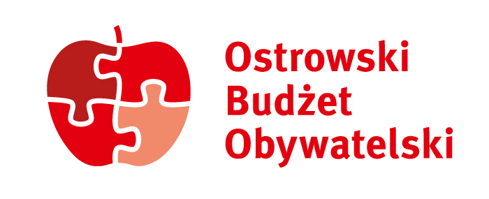 Banner Ostrowski Budżet Obywatelski - jabłko ułożone z puzzli czerwono białych.