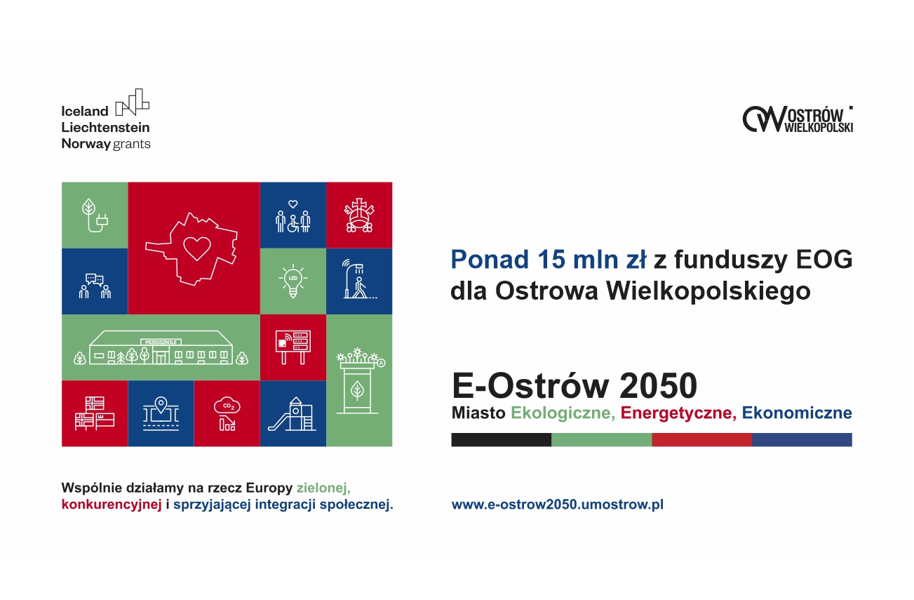 Plansza projektu E-Ostrów 2050 miasto ekologiczne, energetyczne, ekonomiczne oraz logo funduszy EOG, logo miasta Ostrowa WIelkopolskiego, hasło Wspólnie działamy na rzecz Europy zielonej, konkurencyjnej i sprzyjającej integracji społecznej