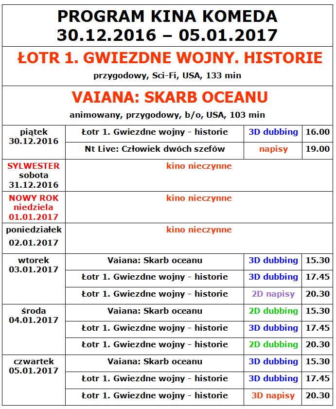 Plakat z repertuarem kina