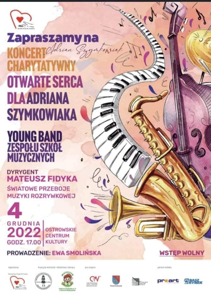 Plakat zapraszający na koncert charytatywny dla Adriana Szymkowiaka