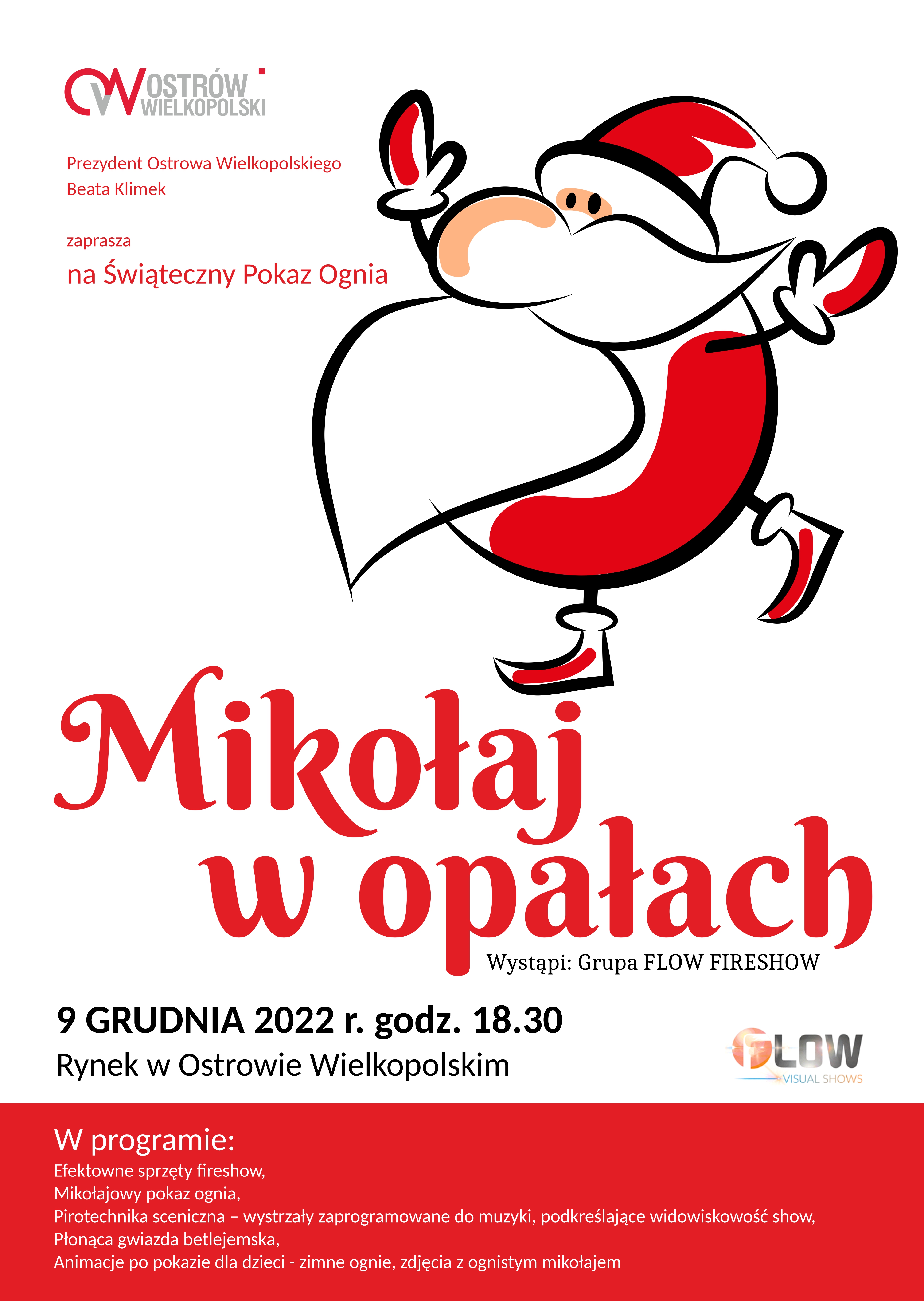 Plakat dot. świątecznego pokazu ognia "Mikołaj w opałach"